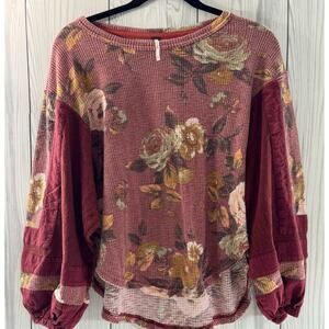 Free People Women Top Oversized XS Flower Patch Thermal Rust Balloon Sleeve